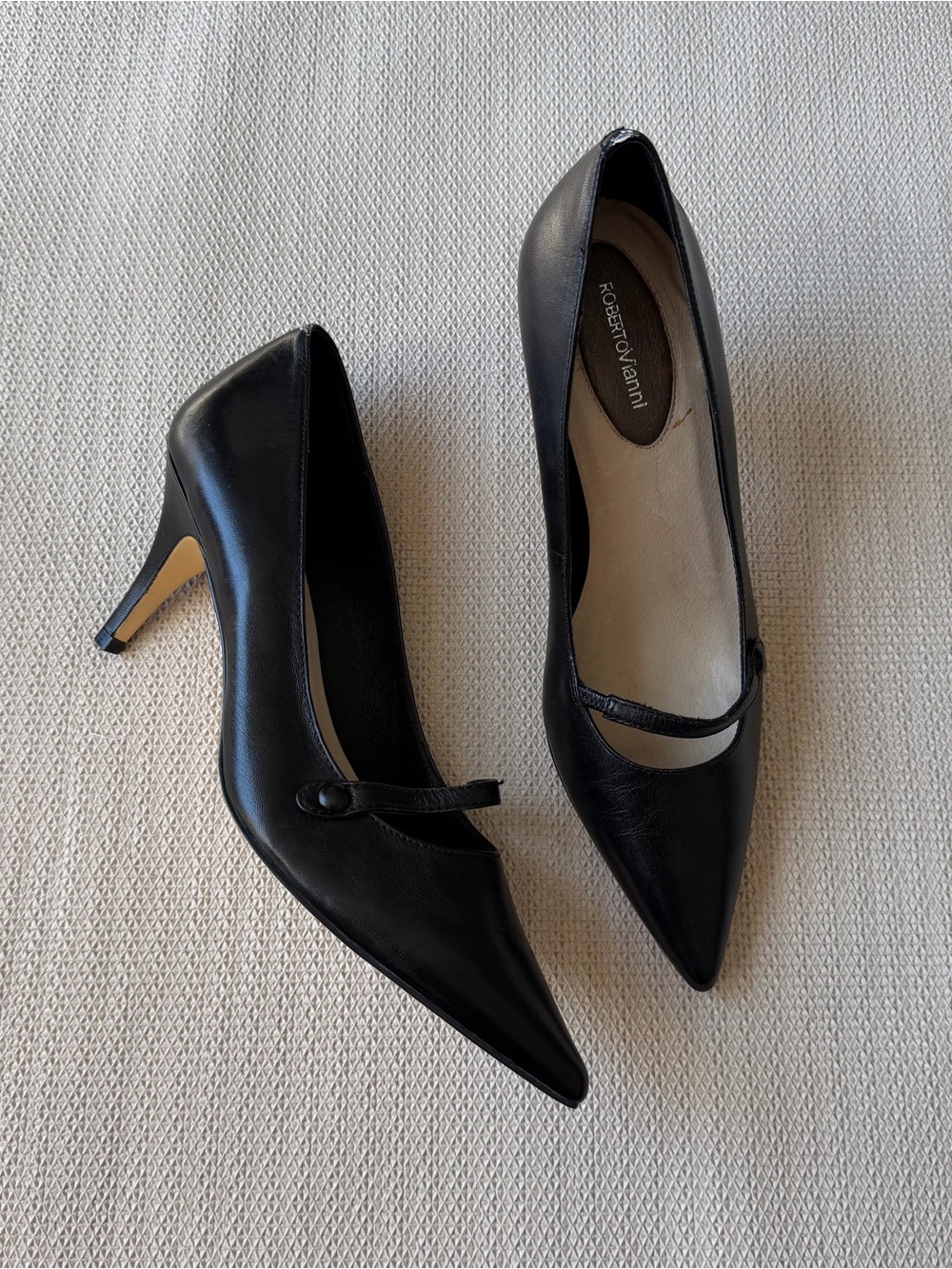 Roberto Vianni Black Pointed Mary Jane Kitten Heel with Strap Detail - Picture 2 of 5